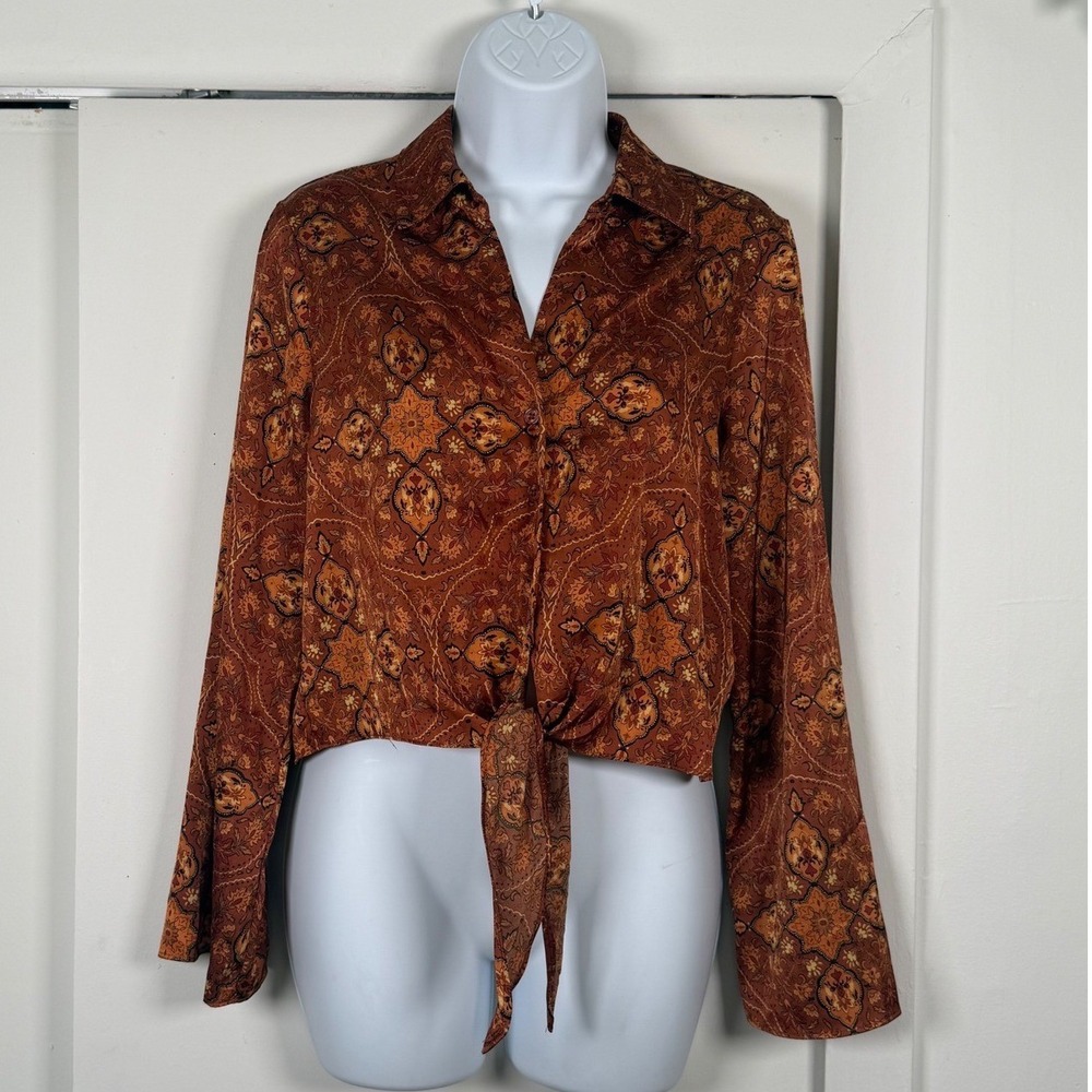 Rachel Zoe Rust Orange Paisley Medallion Tie Front Cropped Blouse Small NWT SS